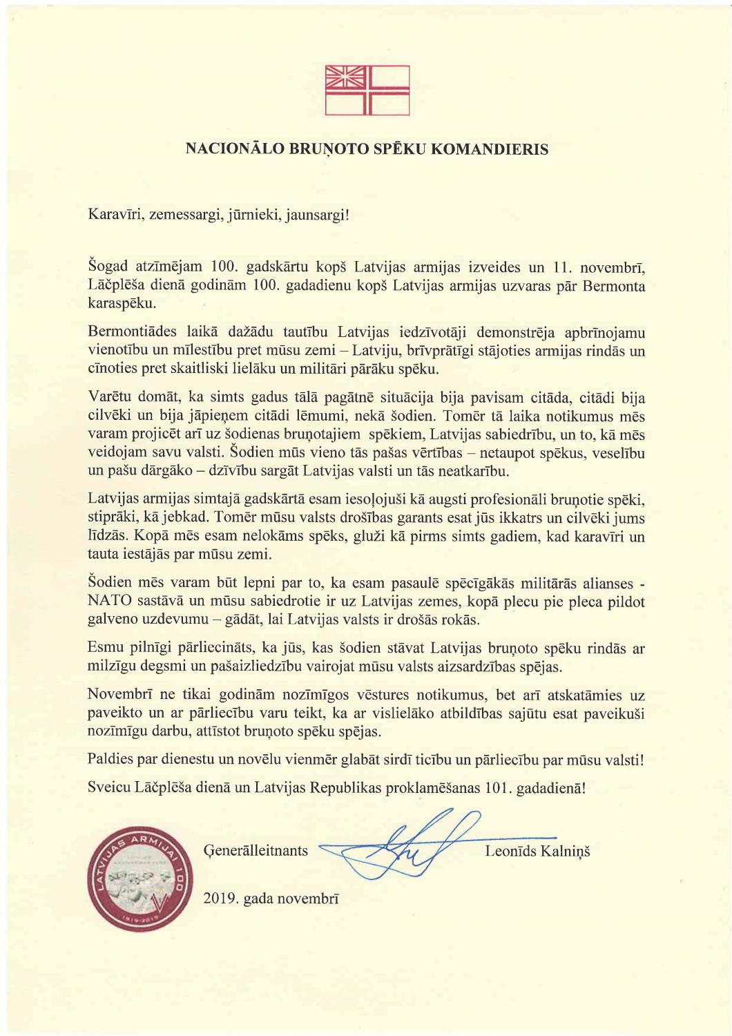 NBS komandiera apsveikums Lāčplēša dienā