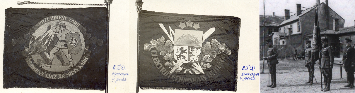 Bildē redzams Elektrotehniskā diviziona karoga averss (labā puse) un reverss (kreisā puse) 1924.gadā. 