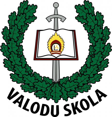 Bildē redzama Valodu skolas emblēma. Tā ir veidota no Ozollapu pusvainaga, vērsts uz augšu. Vainaga centrā ir sudraba zobens ar smailo galu vērsts uz leju. Zobena centrā ir atvērta grāmata ar Latvijas armijas emblēmu. Pusvainaga apakšā uzraksts - Valodu skola.